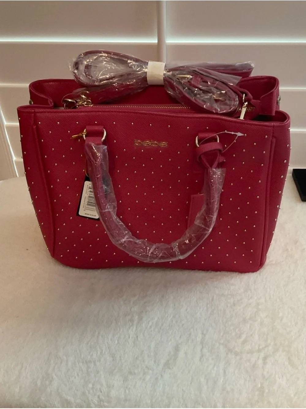 bebe Hot Pink Studded Satchel with Gold Hardware